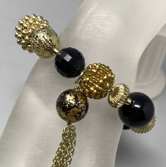 NWT Chico's Black and Gold Beaded Statement Bracelet With Tassle Holiday Wishes - Picture 5 of 6